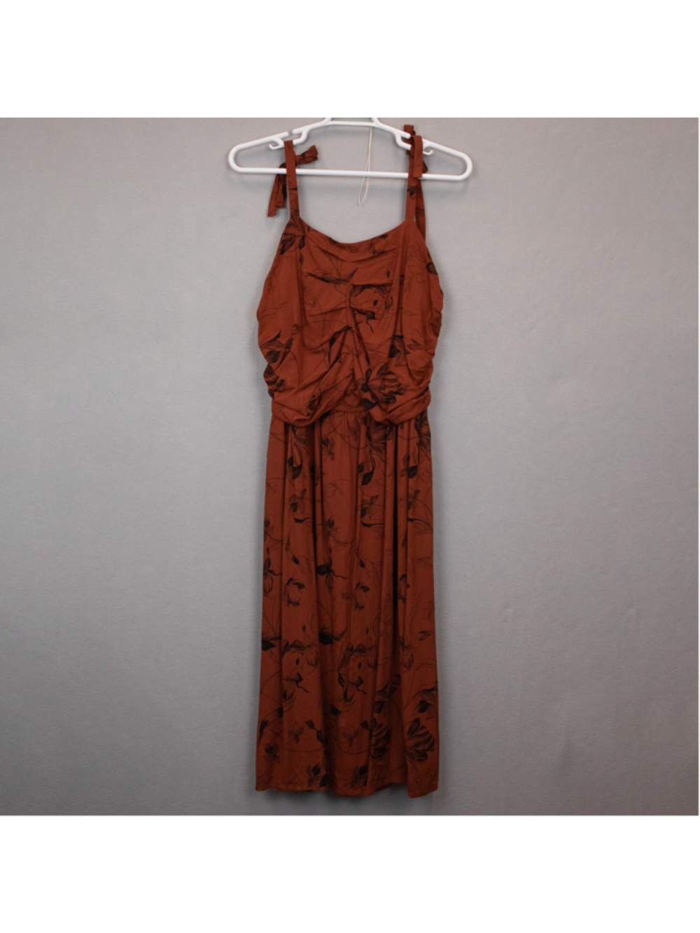 Torrid shirred brown tea length tie strap midi dress-2